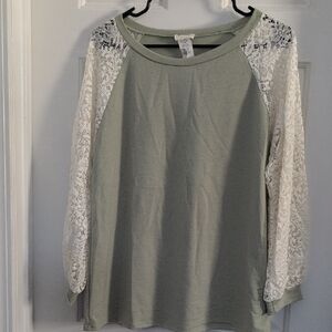 BiBi Lace Sleeve Long Sleeve Top - Sage and White